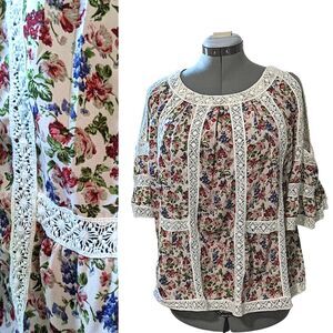 Blue Tassel Floral Jacquard Crochet Bell Sleeve Oversized Tent Top, Size XS